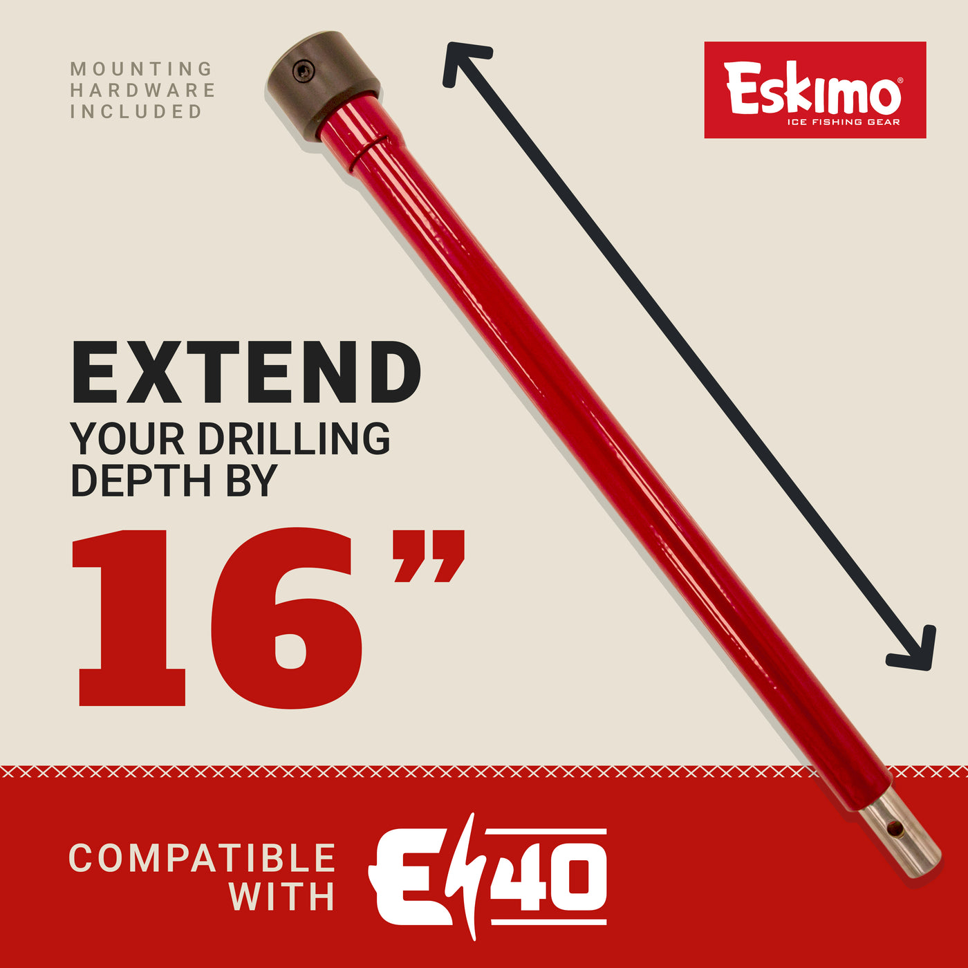 Red Eskimo auger extension designed to increase ice drilling depth