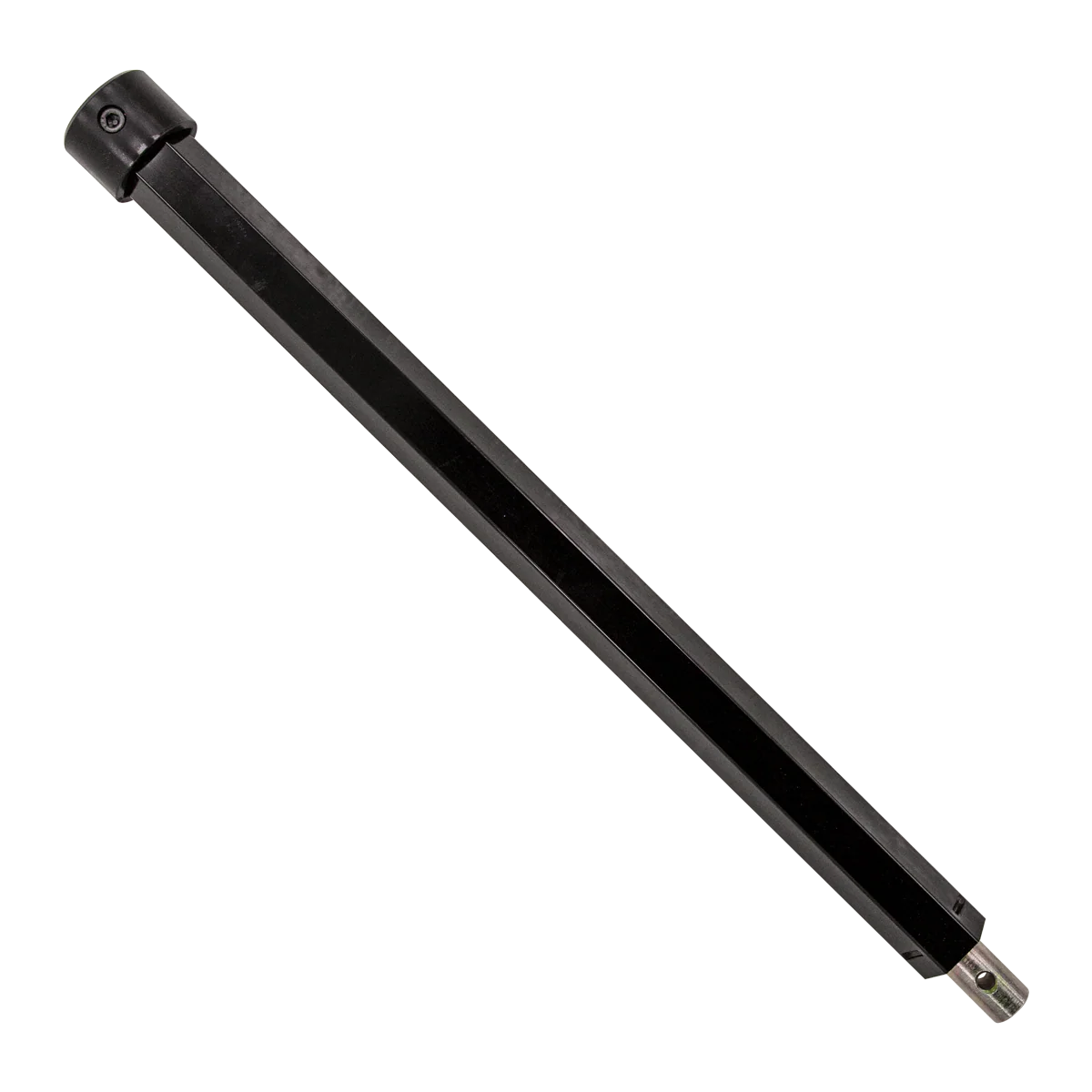 Black metal rod with threaded ends on a white background