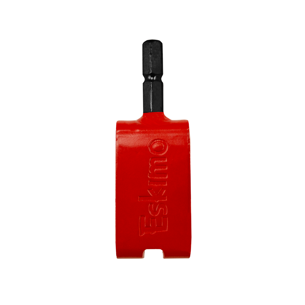 Red tool with black handle on a white background