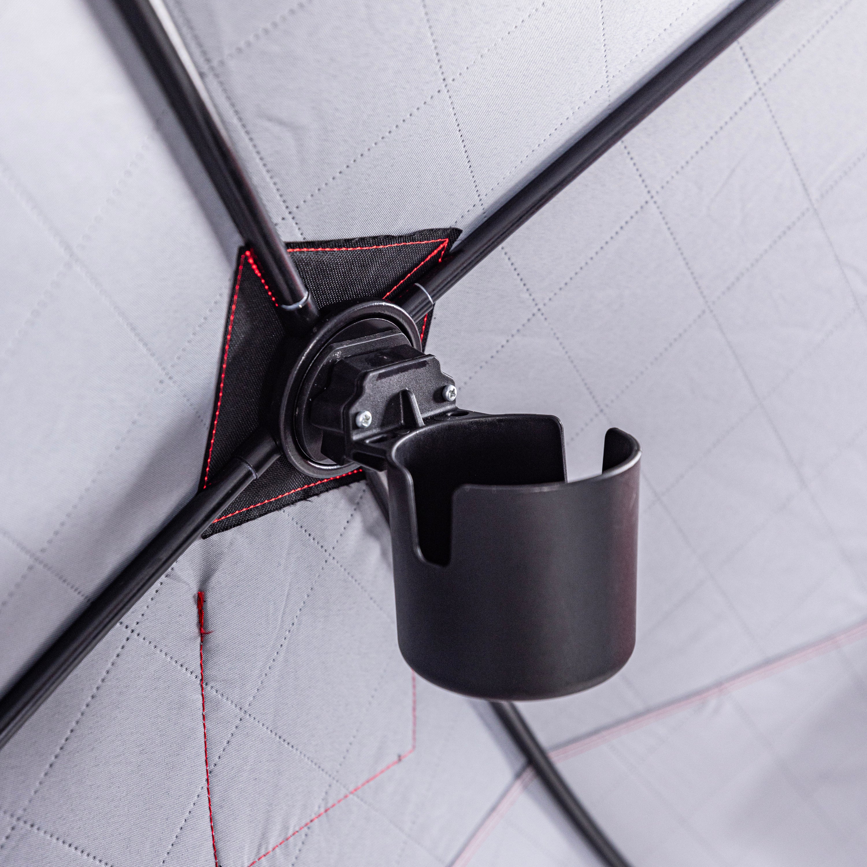 Ice fishing shelter cup holder with locking E-Hub connection and stowable base