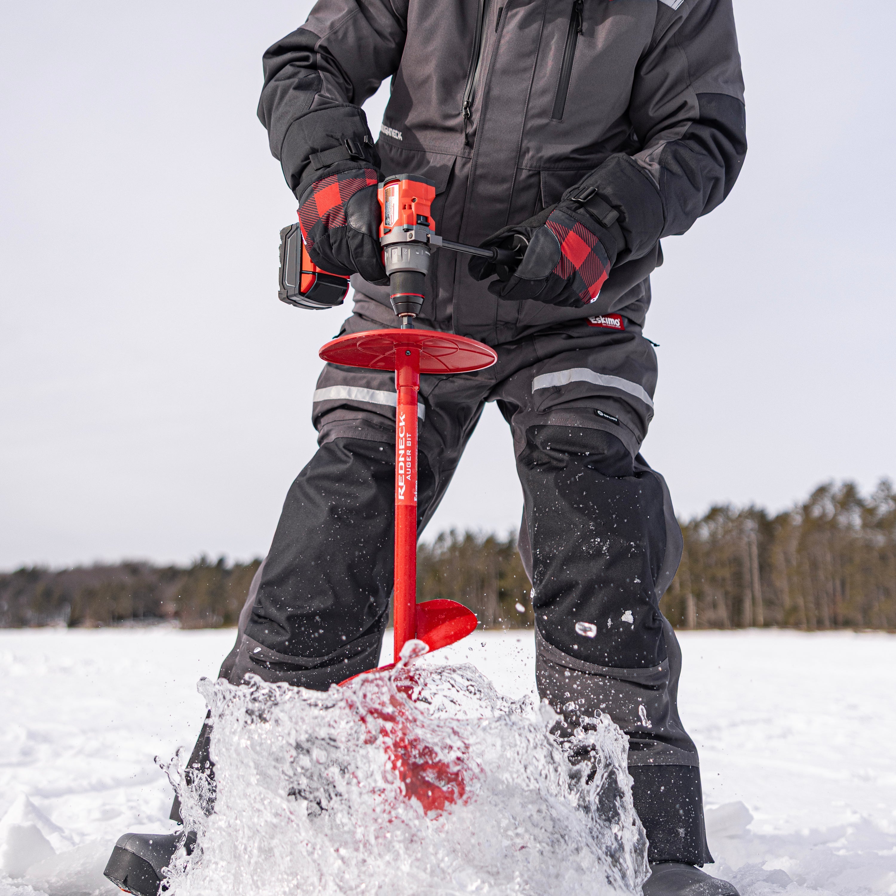 Redneck Bit paired with cordless drill – drill-adaptive ice auger showing 1/2" drive connection and safety recovery plate design for secure ice fishing use.