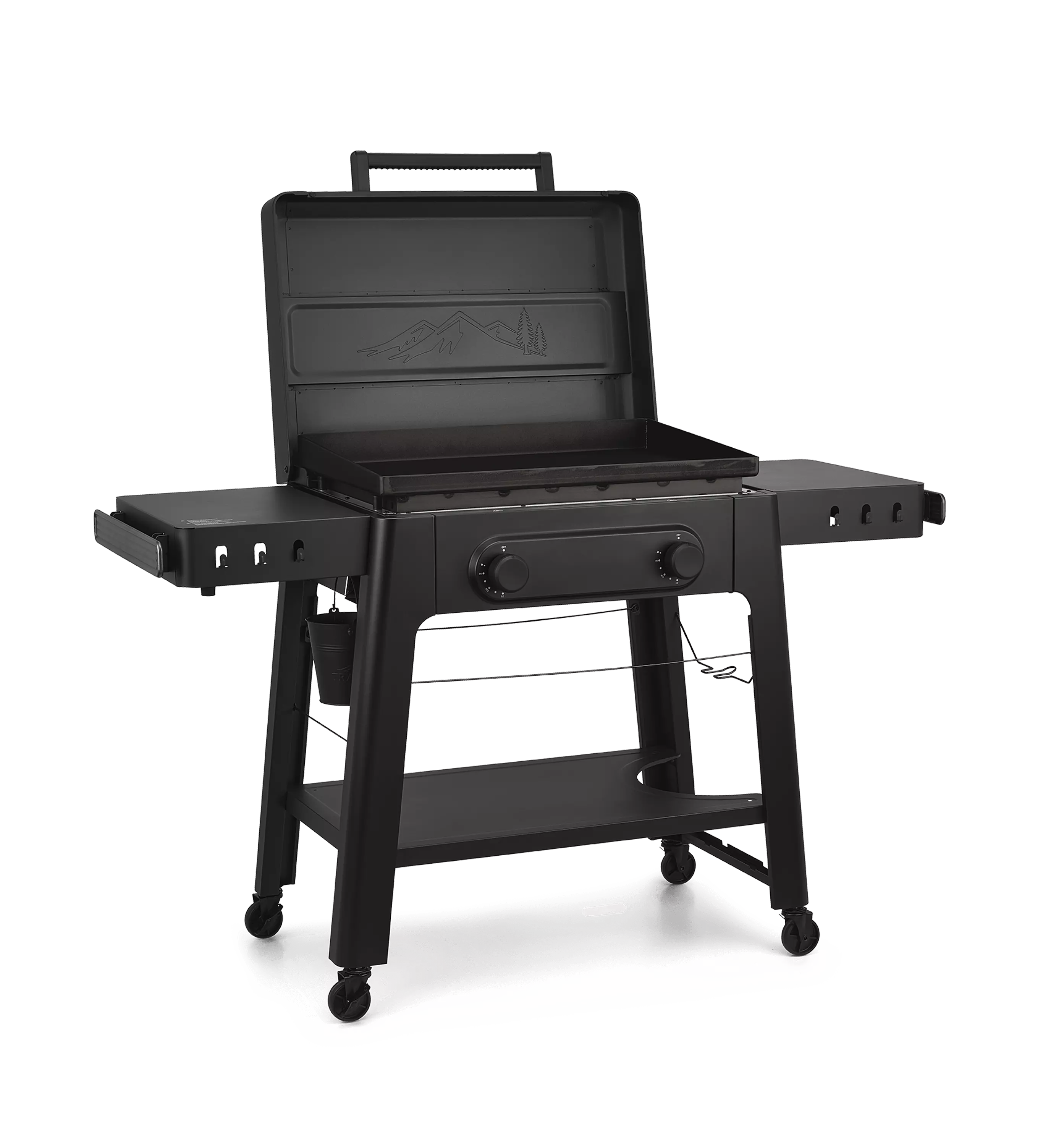 Traeger Irontop 2-Burner flat top grill with rust-resistant cooktop, side shelves, and hinged lid for outdoor cooking
