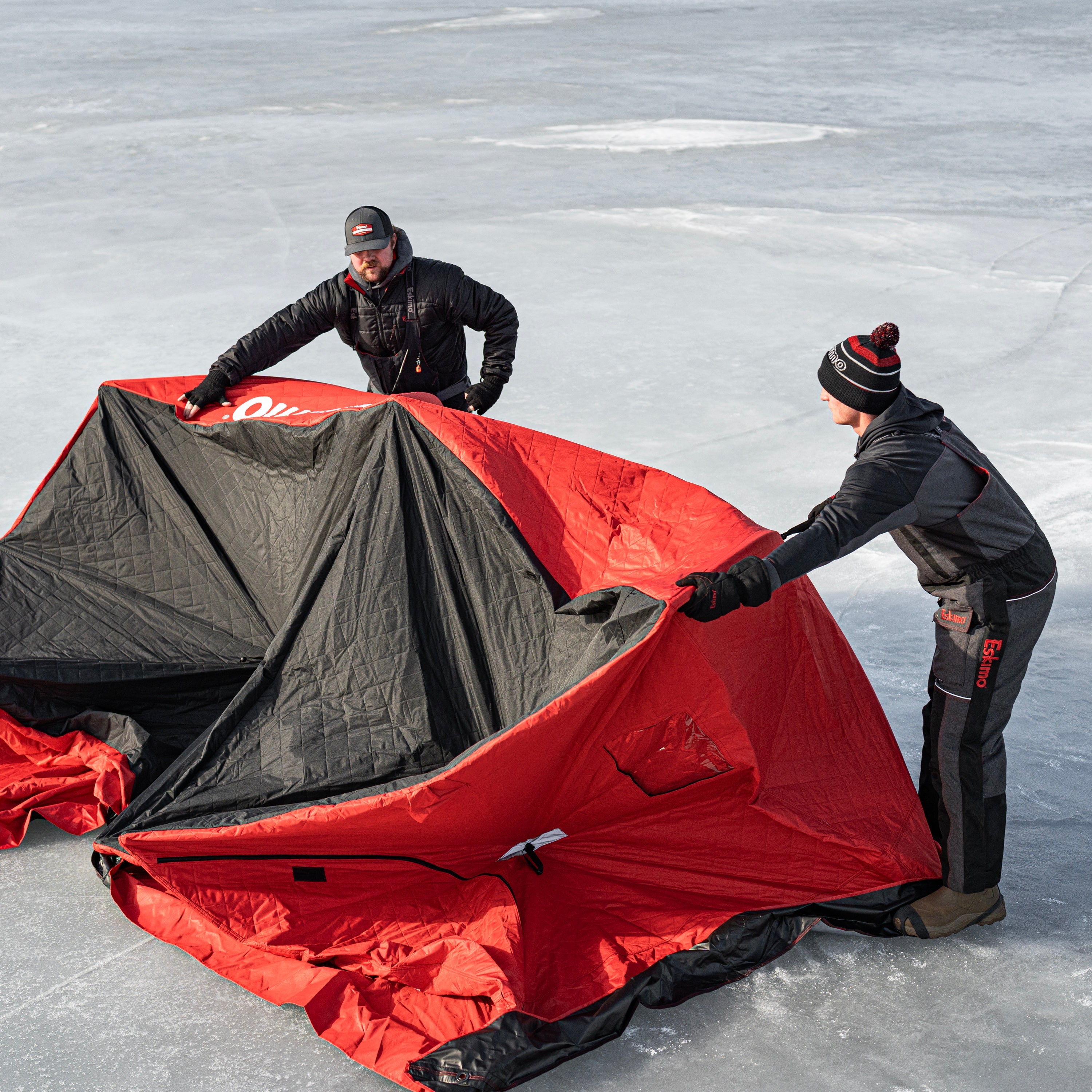 In-skirt grommets on the QuickFish HD shelter, allowing secure anchoring directly to the ice.