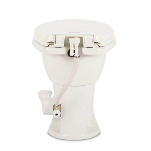 Side view of Dometic Complete 410 toilet highlighting compact depth