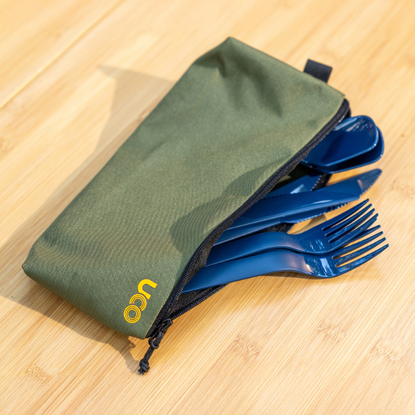 Compact camp kitchen cutlery kit with 4 sets of reusable utensils and zipper case