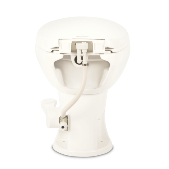 Top view of the Dometic 420 Platinum RV toilet with soft-close seat