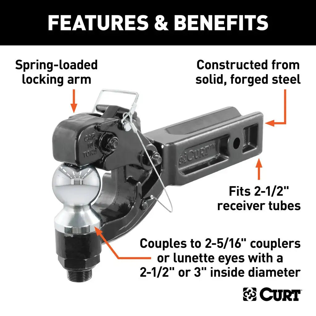CURT receiver-mount pintle hitch designed for 2-1/2-inch x 2-1/2-inch receiver tubes with a 20,000 lb towing capacity