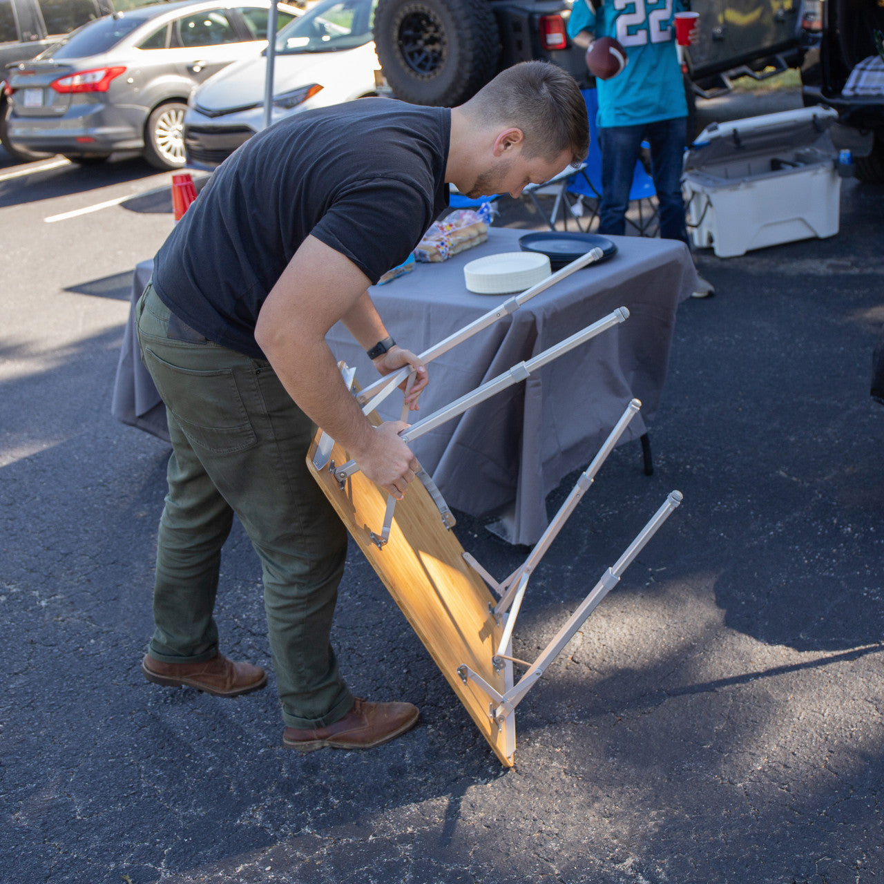 Camco bamboo folding table for tailgating, picnics, and outdoor dining