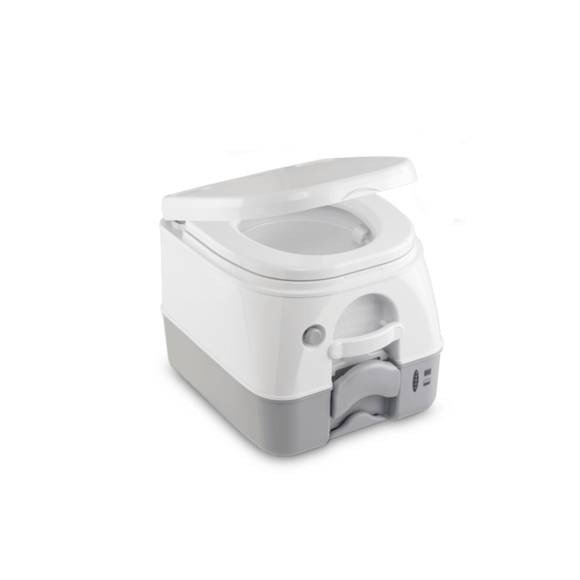 Close-up of the Dometic 970 toilet's push-button flush for a powerful and hygienic bowl clearance.