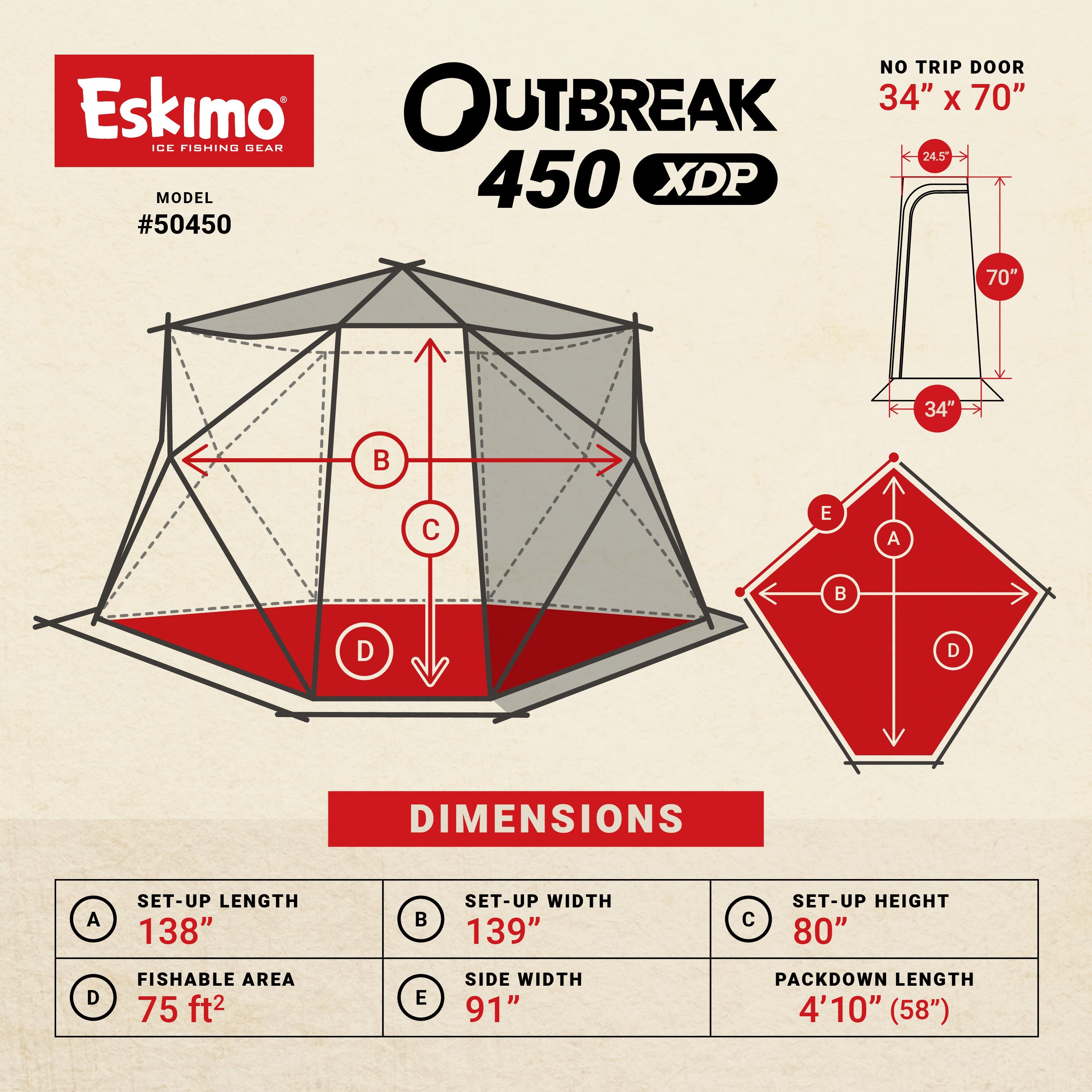 Eskimo Outbreak 450 XDP tent diagram with dimensions on a beige background
