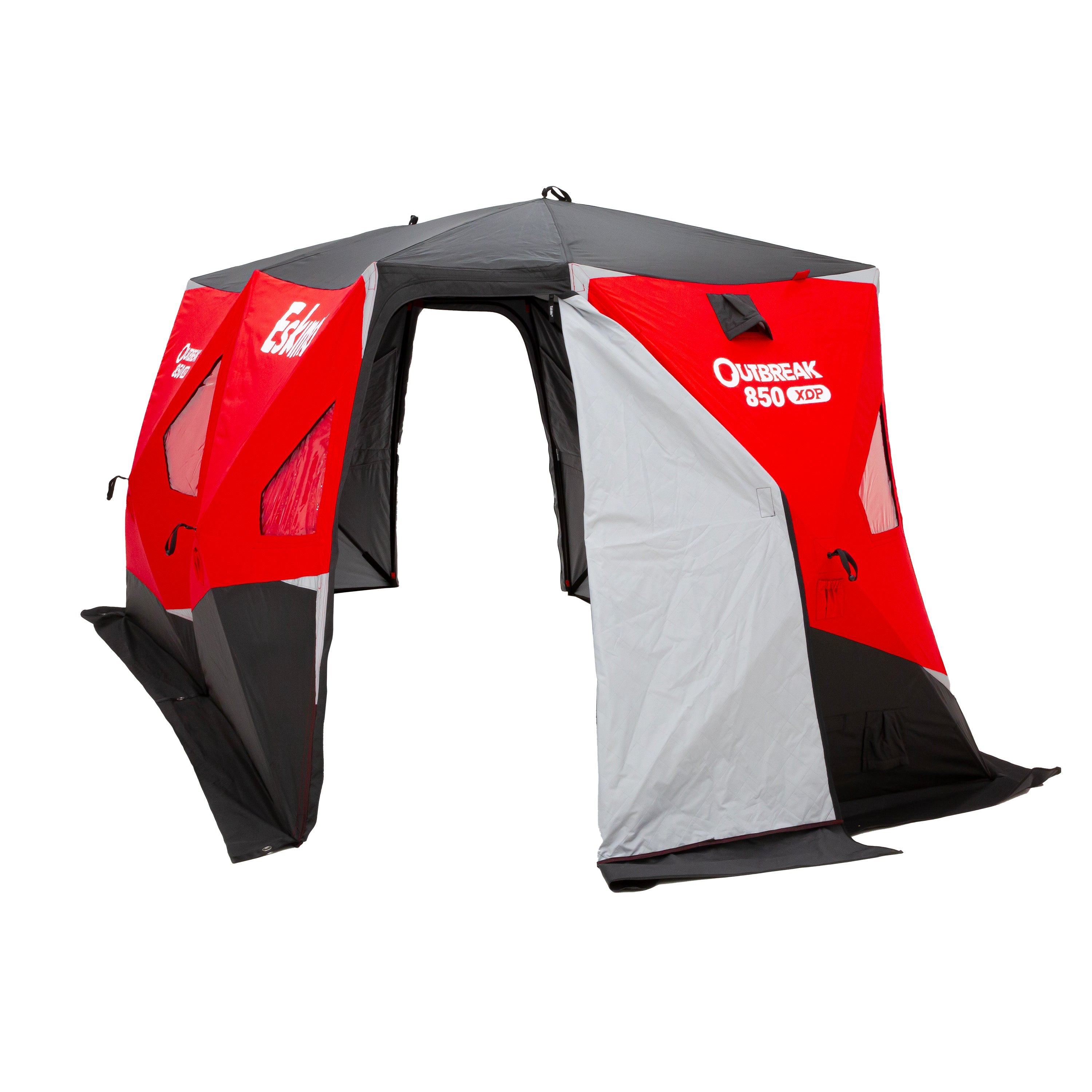 Outbreak 850XDP insulated ice fishing shelter set up on frozen lake with flared-bottom design and two No-Trip Doors