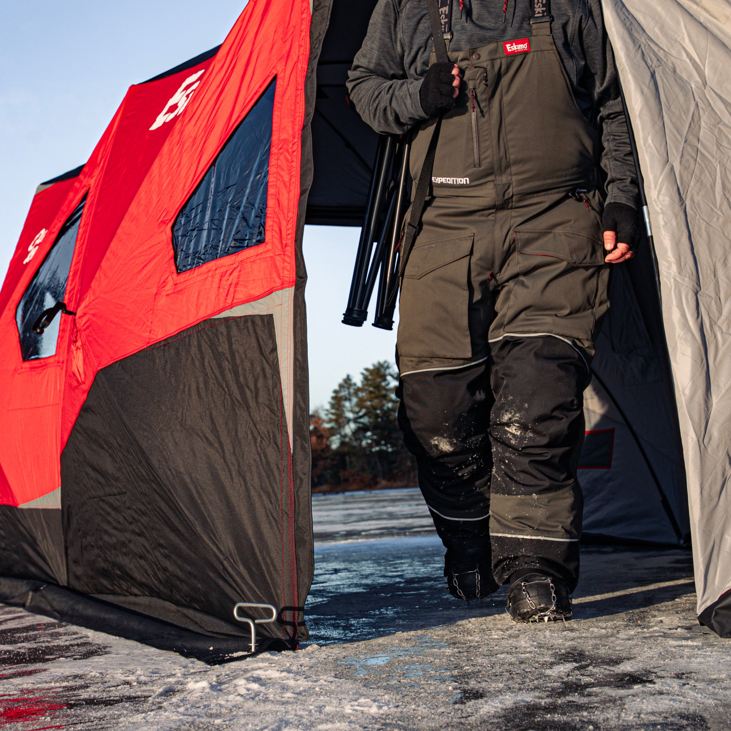 Outbreak 850XDP portable ice fishing shelter packed down to 57 inches for easy transport in truck bed, sled, or ATV