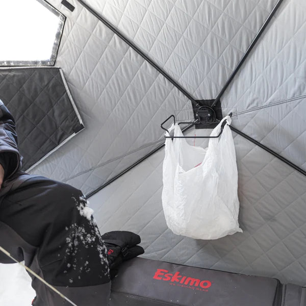 Eskimo E-Hub Waste Bag Holder mounted on an ice fishing shelter hub