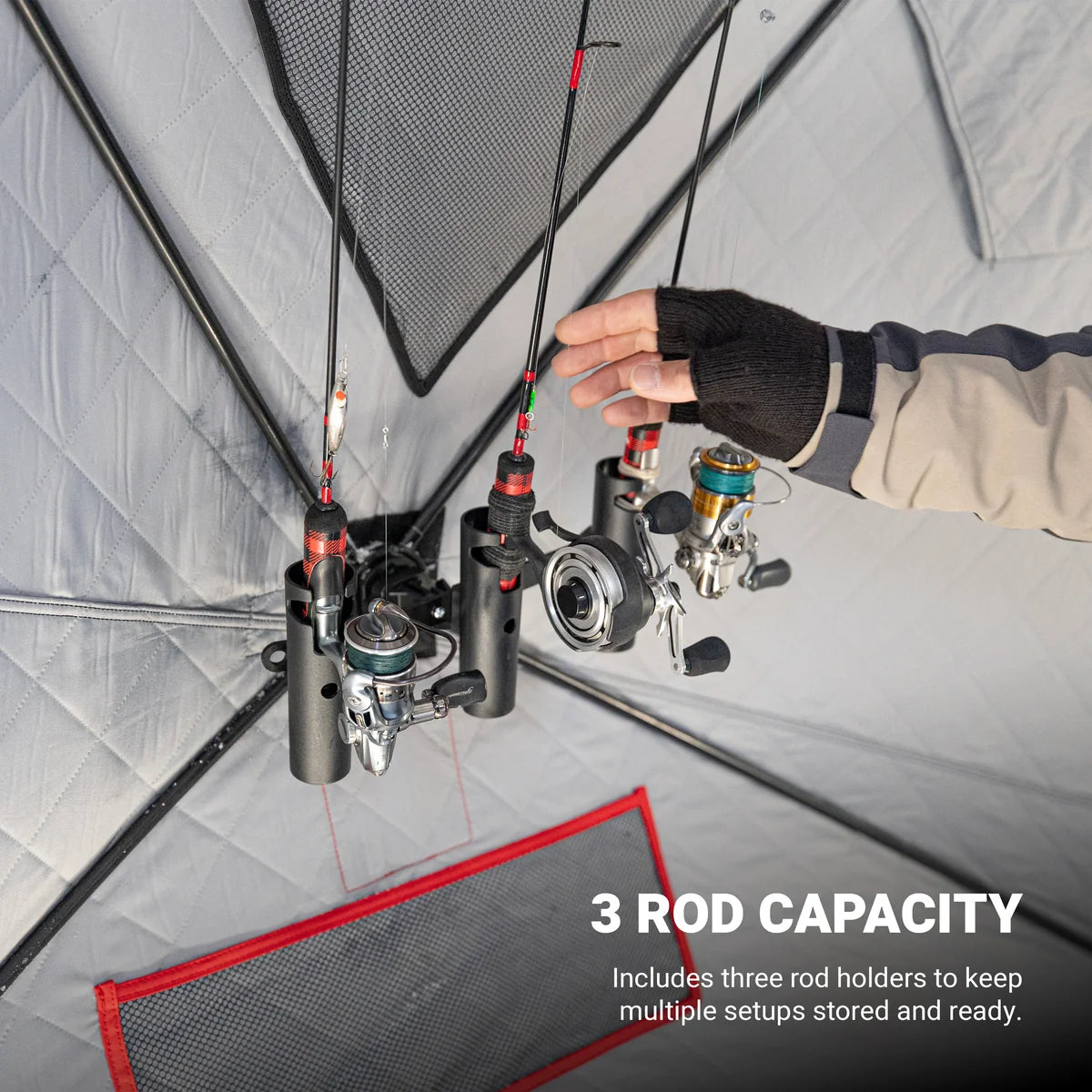 Eskimo E-Hub Triple Rod Holder with adjustable pivot design for rod positioning
