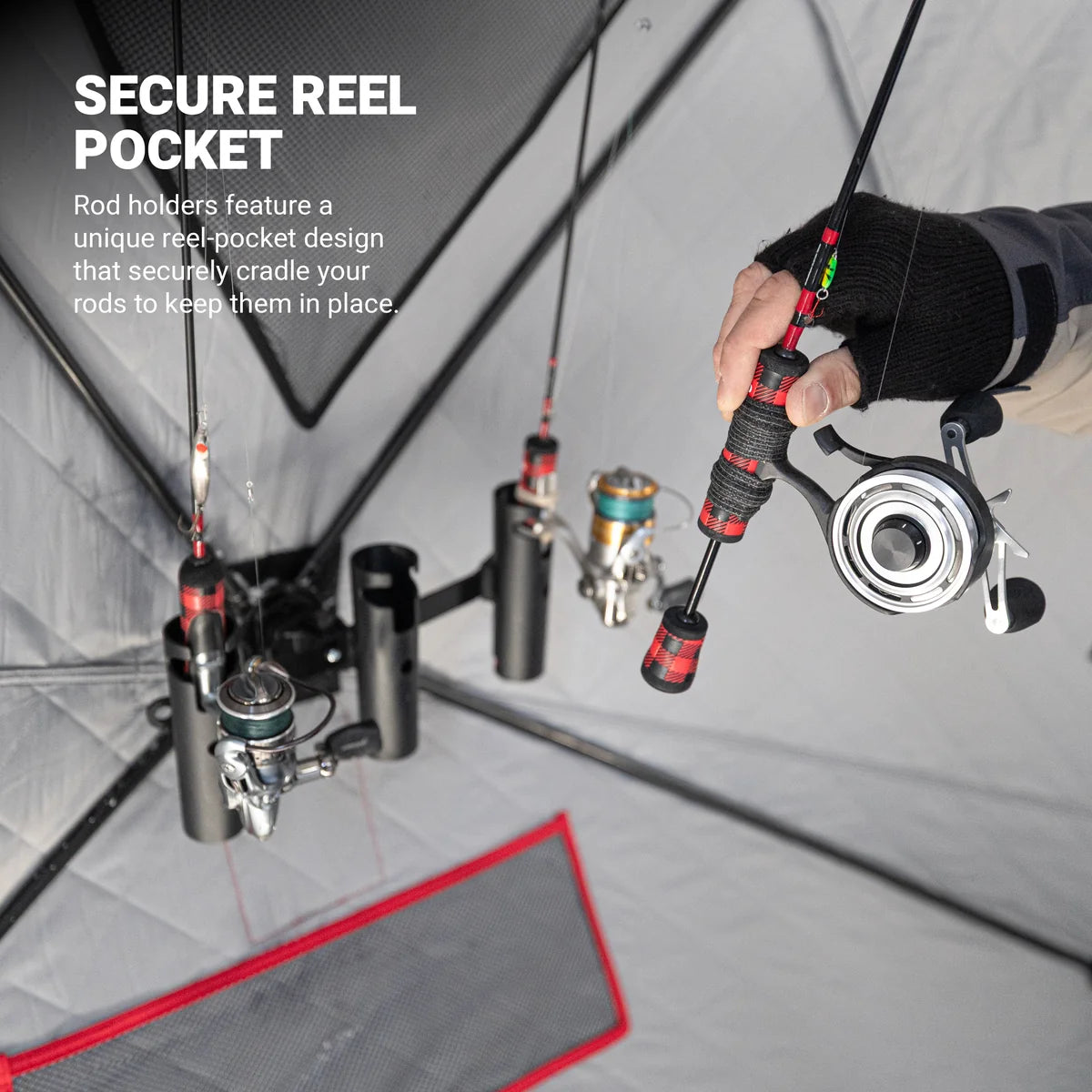 Eskimo E-Hub Triple Rod Holder securing multiple ice fishing rods for easy access