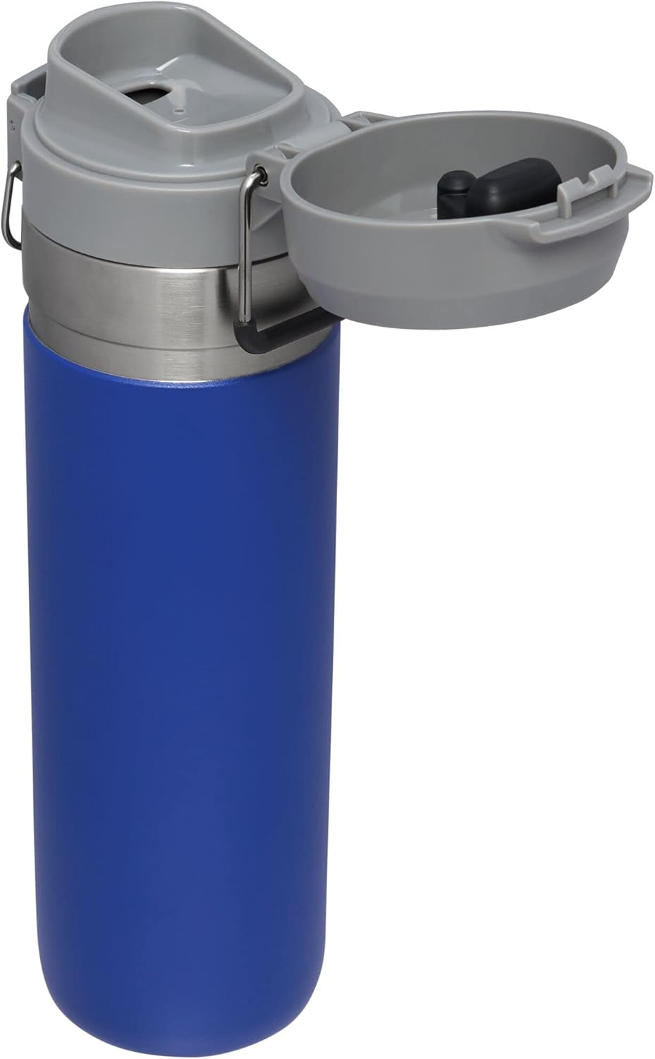 Close-up of the Quick Flip GO Bottle's spill-proof lid, featuring a trigger-action push-button mechanism for one-handed operation. The mouthpiece opens easily with the push of a button for quick access to your drink