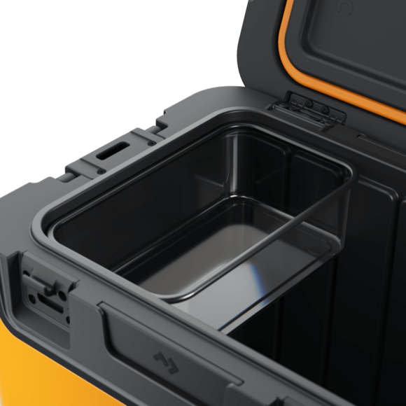 Flip-down ergonomic handles with soft-touch grip on Recon cooler