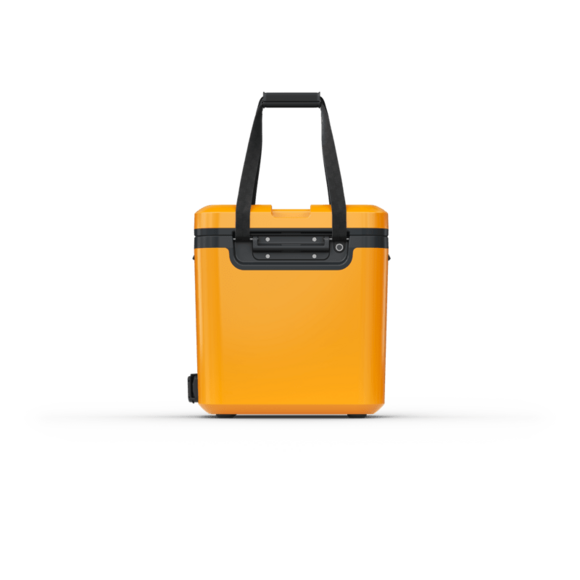 Yellow cooler bag with black handle on a white background