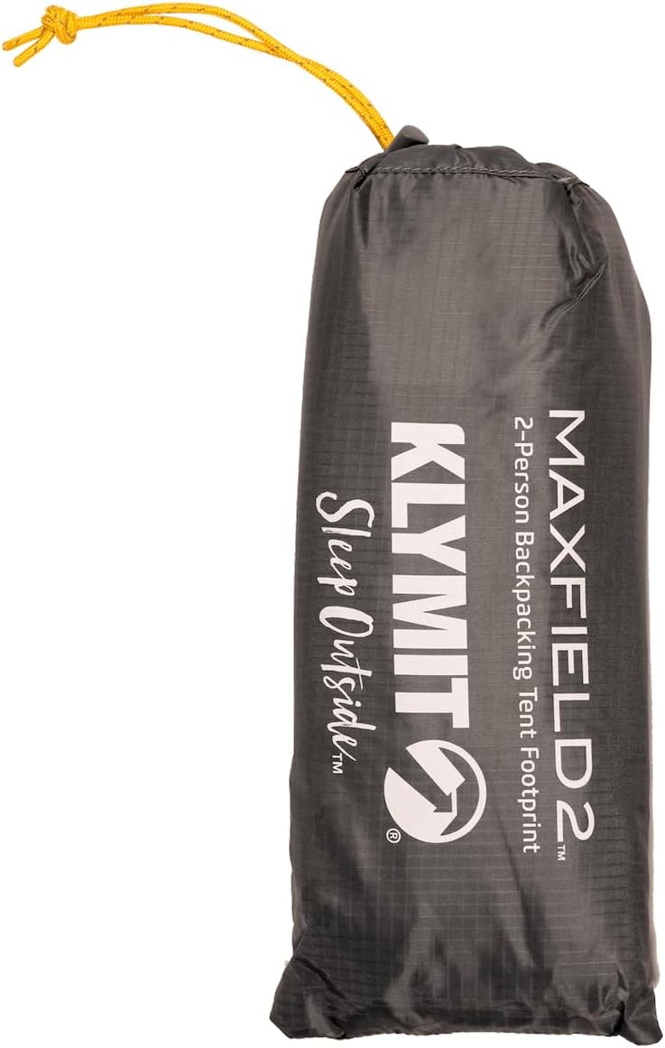 Klymit Maxfield 2 person backpacking tent footprint in a gray drawstring bag on a white background