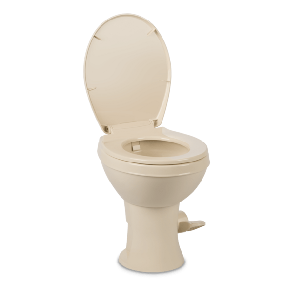 Dometic 400 Series RV toilet bone with soft close seat and foot pedal flush