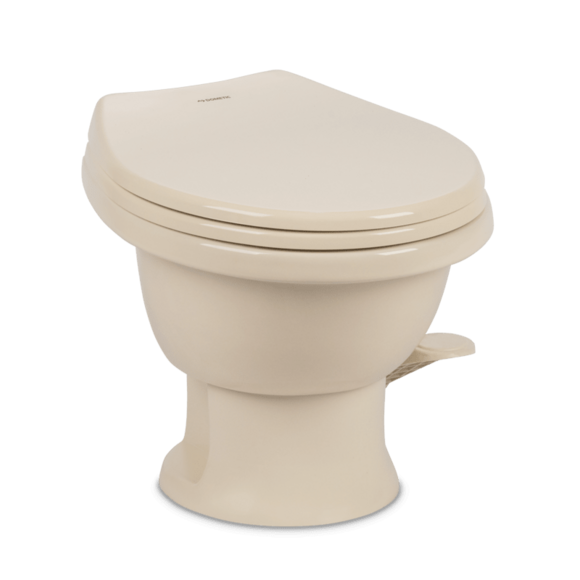 Beige toilet bowl with seat on a white background
