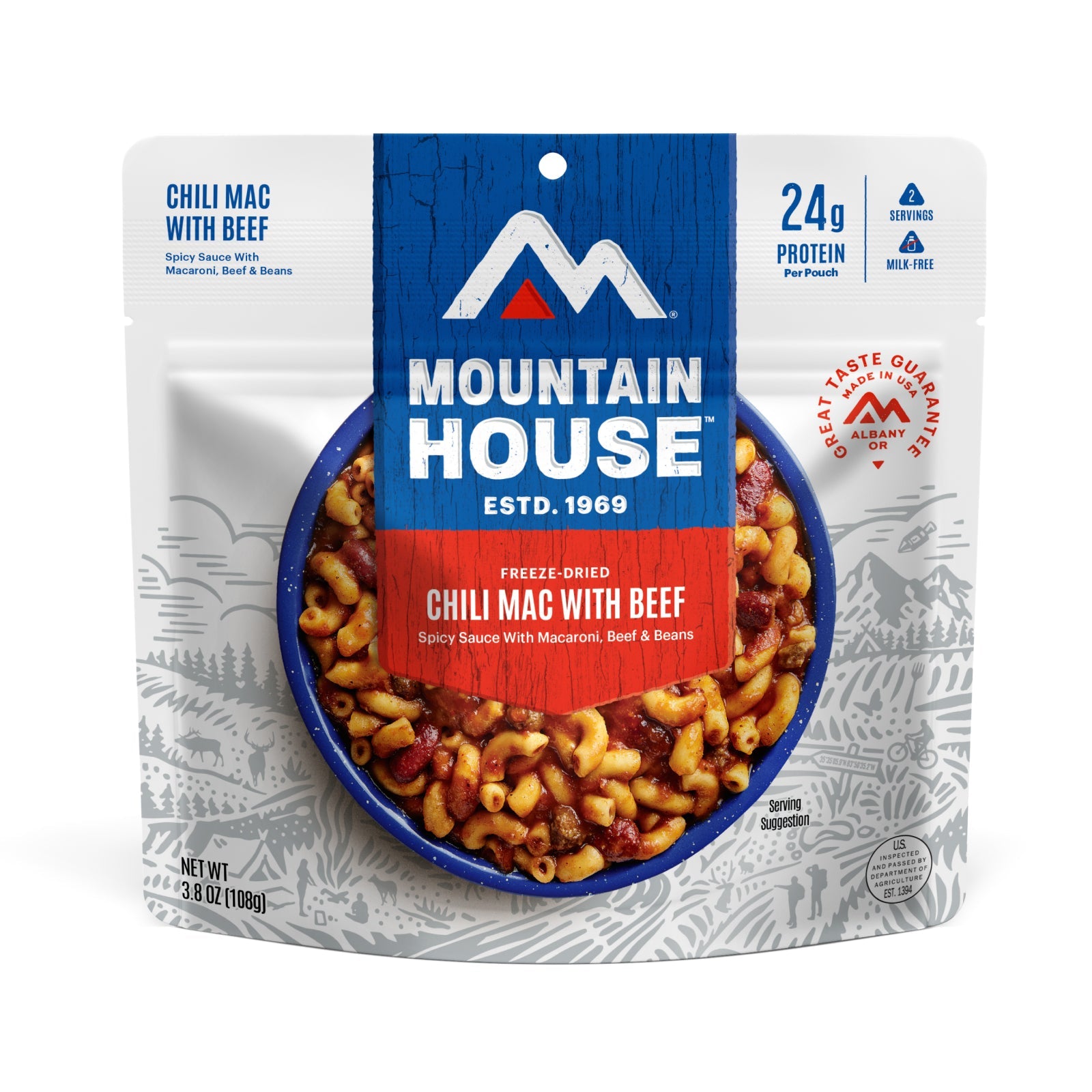 Front view of Mountain House Rice & Chicken freeze-dried meal pouch