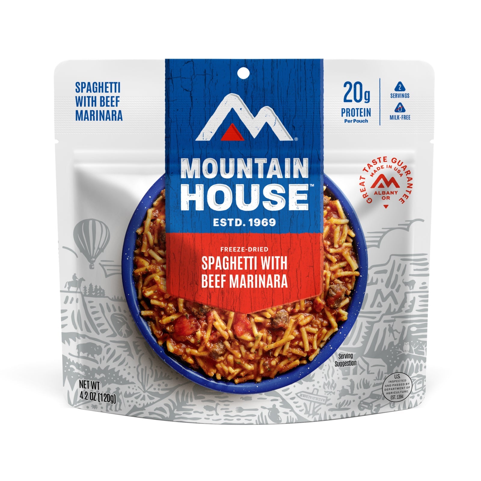 Front view of Mountain House Spaghetti with Meat Sauce freeze-dried meal pouch