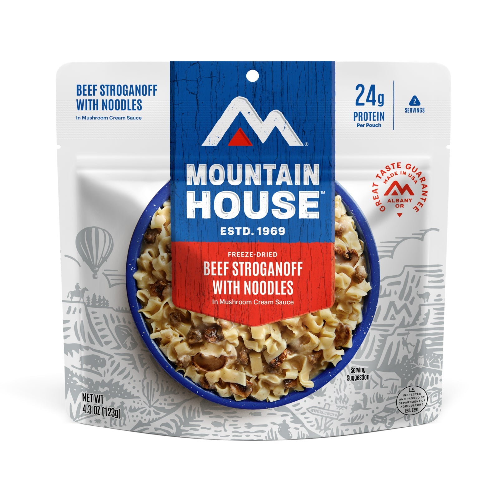 Front view of Mountain House Beef Stroganoff with Noodles freeze-dried meal pouch