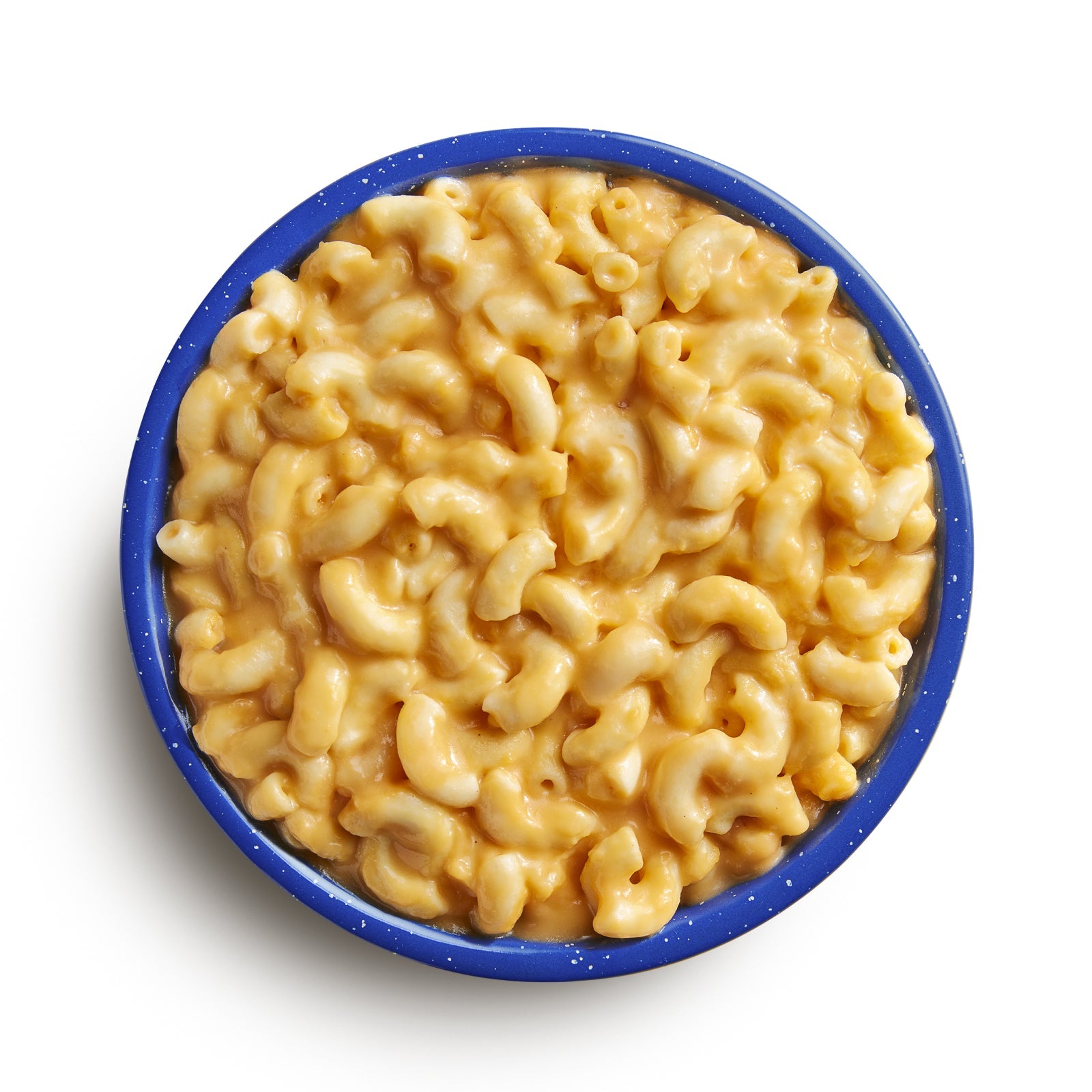 Macaroni and cheese in a blue bowl on a white background