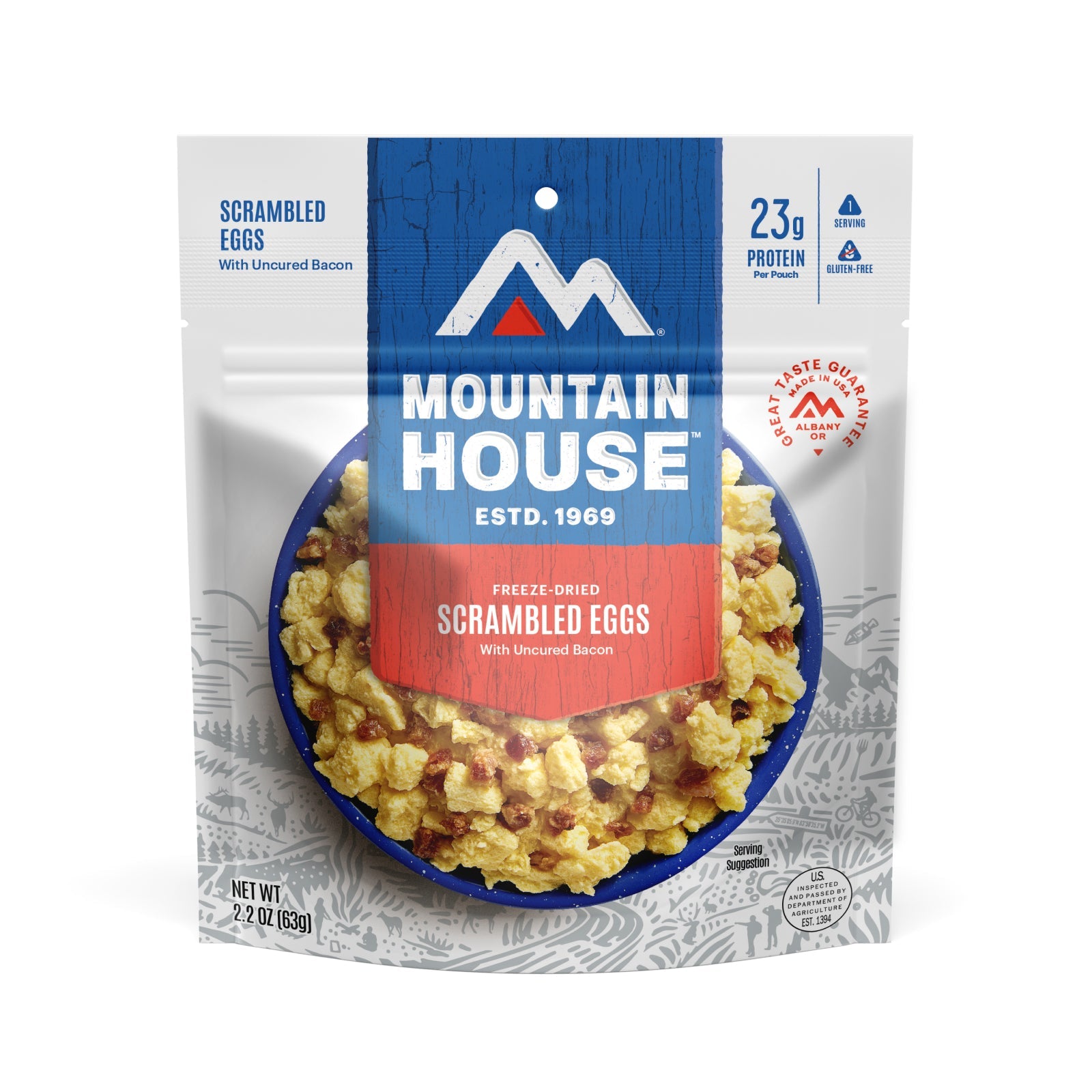 Mountain House Scrambled Eggs with Bacon pouch — lightweight, ready-to-eat breakfast meal for camping or hiking. Packaging may vary