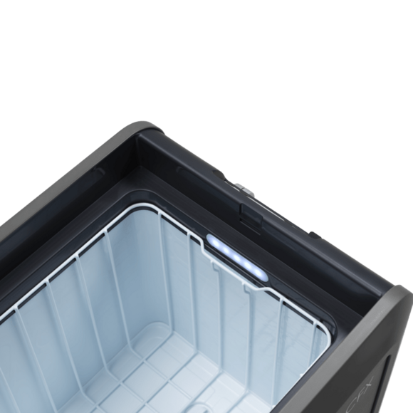 High-capacity portable fridge with bottle opener, folding aluminum handles, and non-slip lid