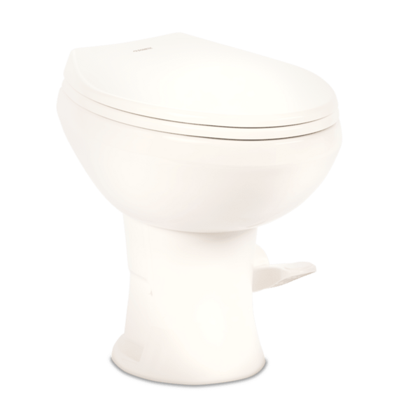 Dometic 420 Platinum gravity flush RV toilet with elongated white porcelain bowl