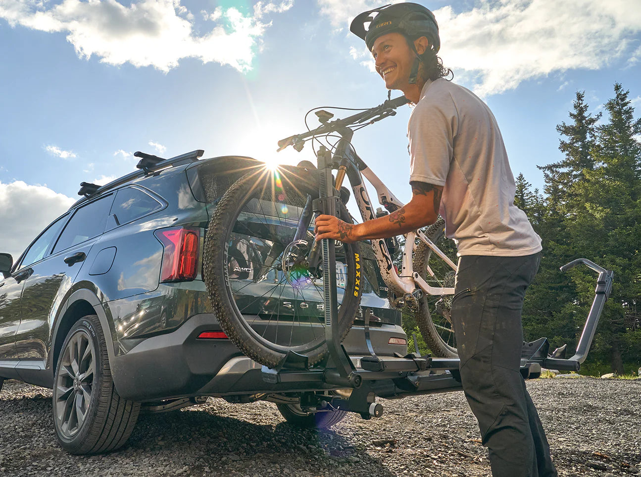 Loading bike on a stage two yakima bike rack