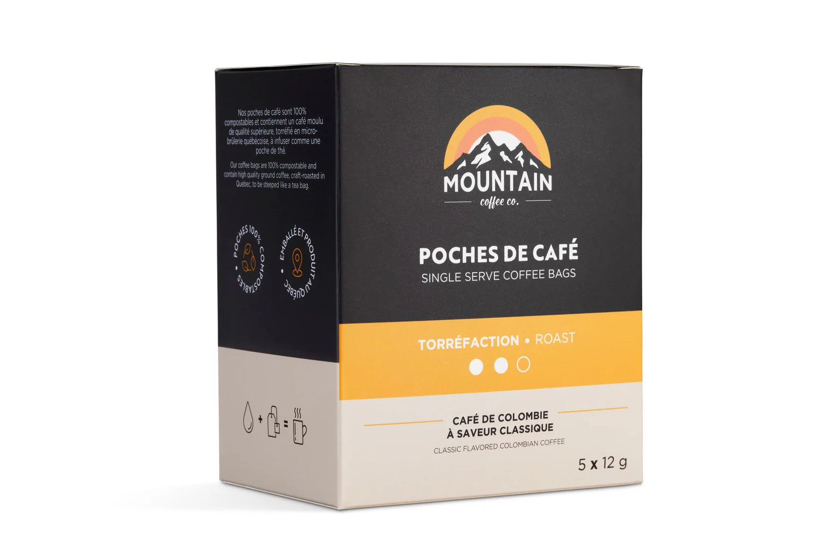 Compostable single-serve coffee brew bag with freshly ground Quebec-roasted coffee.