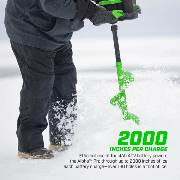 ION Alpha Pro electric ice auger with ergonomic handlebars and variable-speed trigger