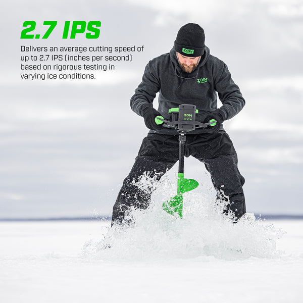 ION Alpha Pro 10-inch ice auger with ergonomic handlebars and variable-speed trigger