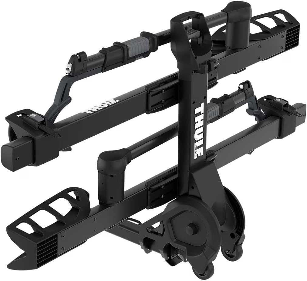 Thule T2 Pro XTR bike rack with integrated wheels, making it easy to transport the rack to and from the vehicle.