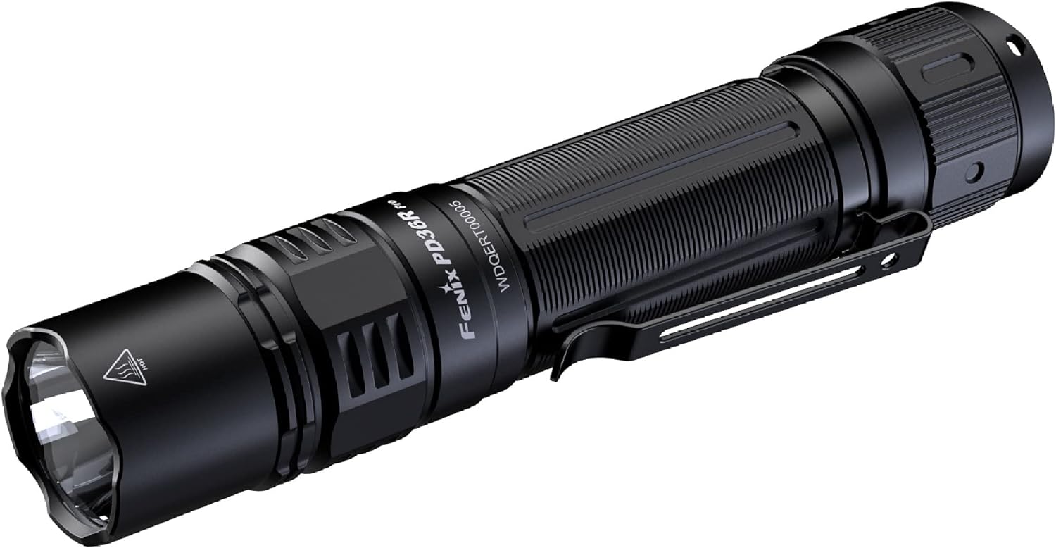 Fenix PD36R Pro high-performance rechargeable flashlight with a sleek black design and dual tail switches for easy operation.