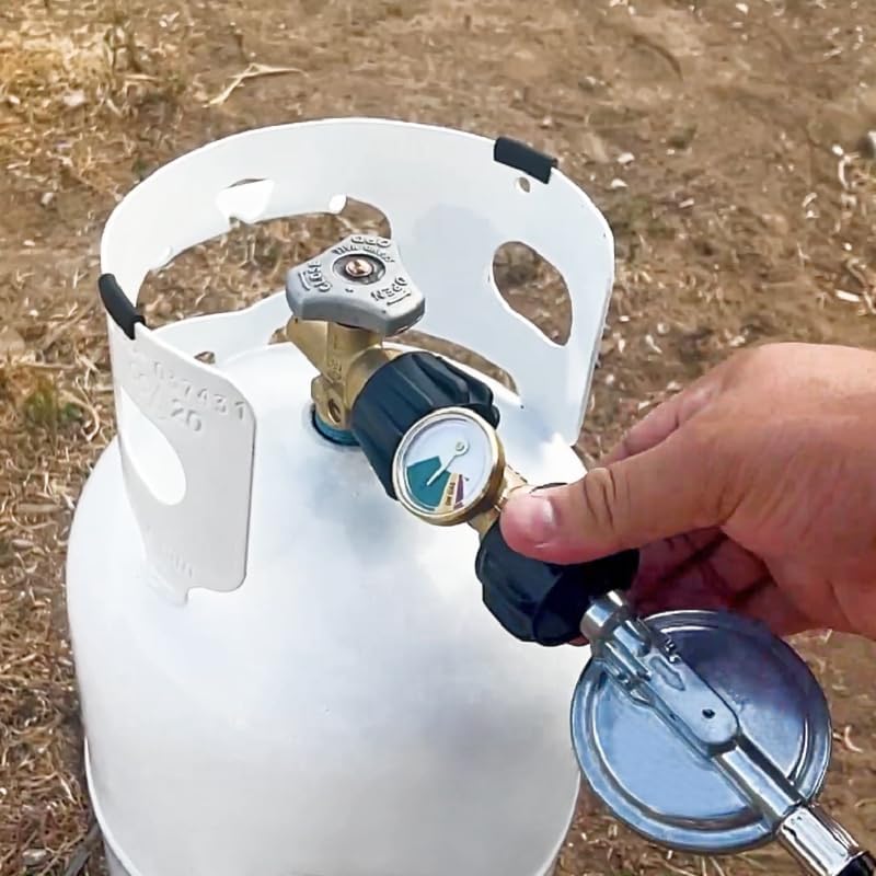Inline propane tank gas level meter with easy-to-read color-coded gauge for RVs and BBQs