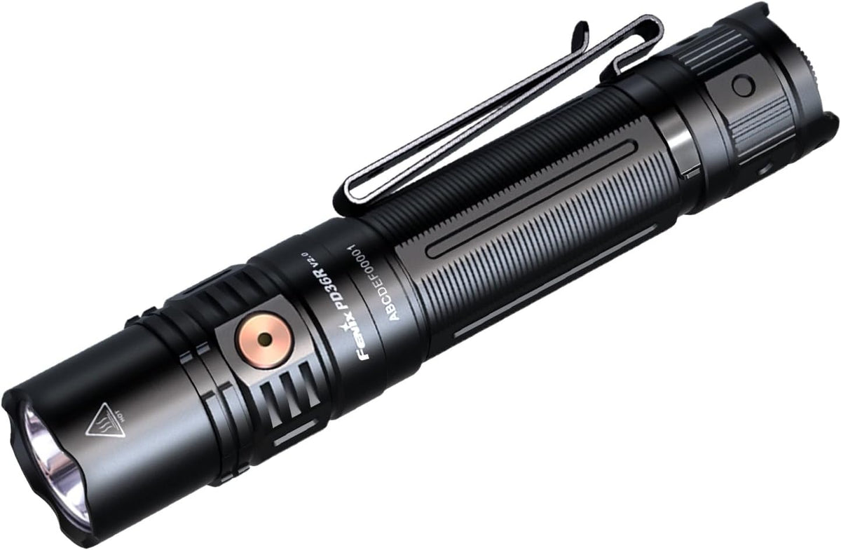 Fenix PD36R V2.0 compact rechargeable tactical flashlight with a sleek black design and durable A6061-T6 aluminum body