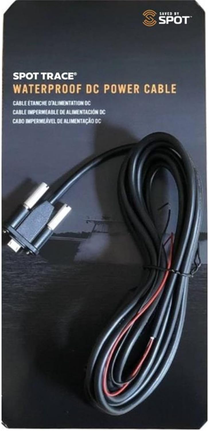 Spot Trace waterproof DC power cable packaging with cable displayed against a dark background