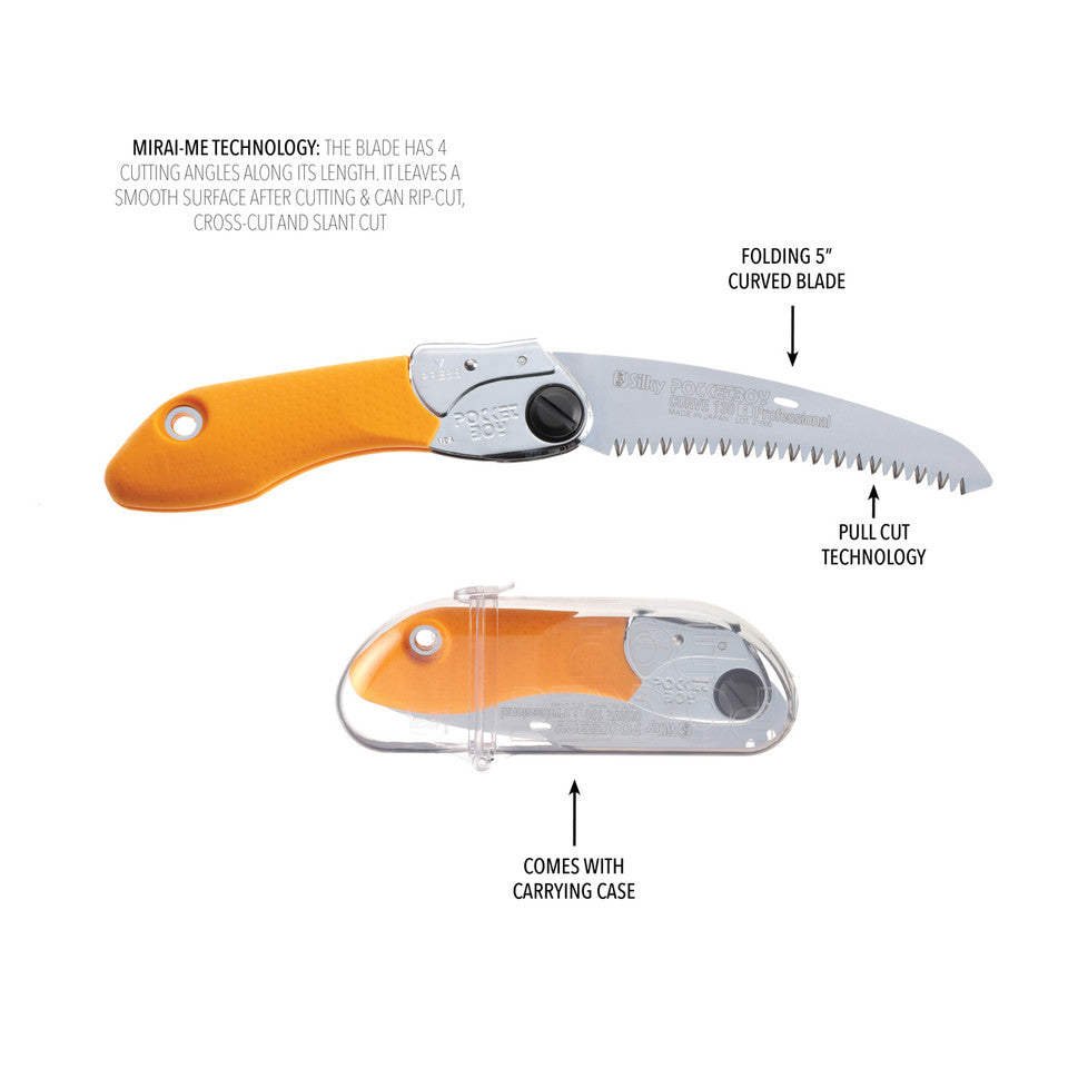 This folding saw from Silky offers a curved 130 mm blade, rust-resistant chrome plating, Mirai-Me precision teeth, and a convenient carrying case with belt clip.

