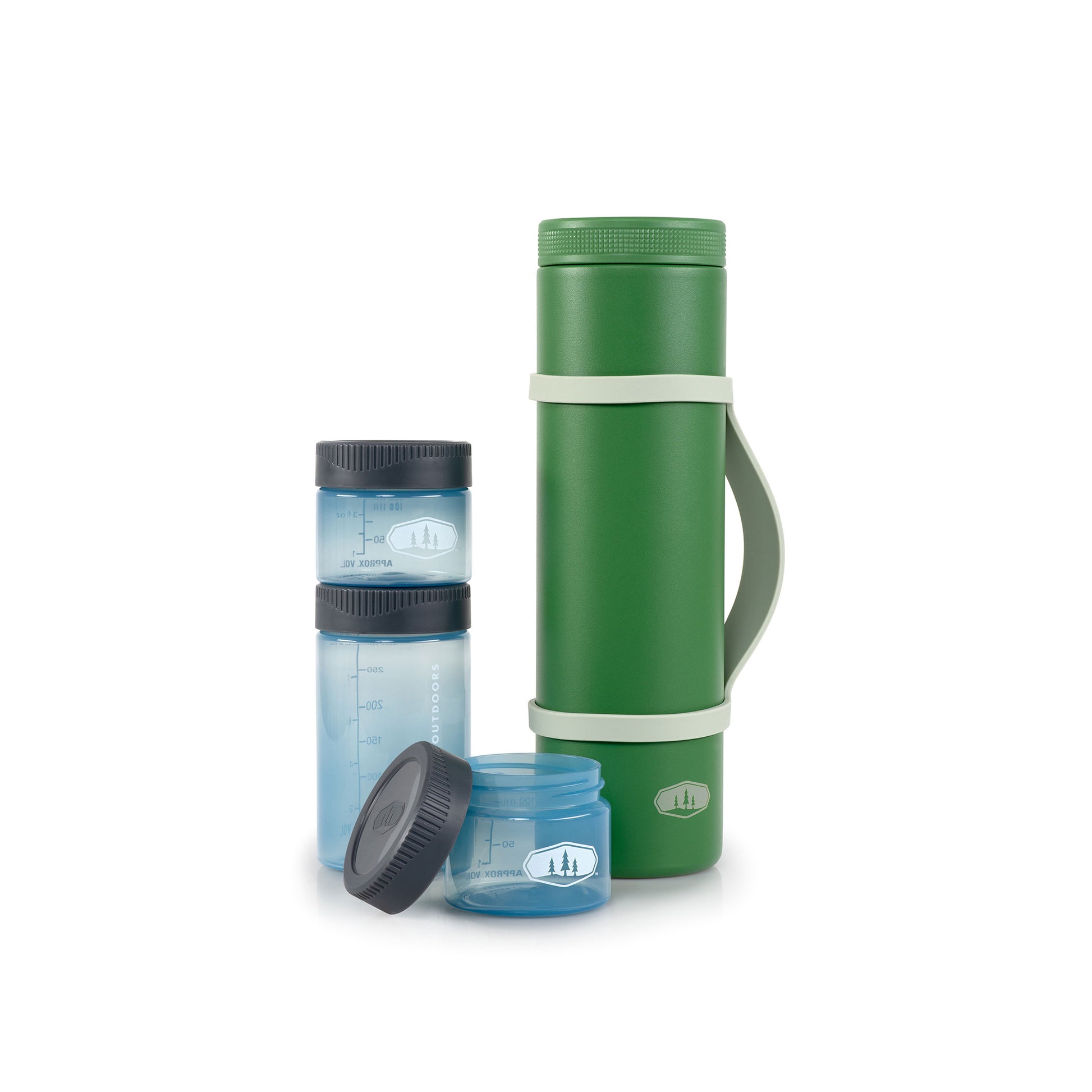 Vacuum insulated stainless steel food container with stackable leak-proof containers.