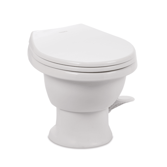 Dometic Complete 411 short gravity flush porcelain round toilet with soft-close seat, white