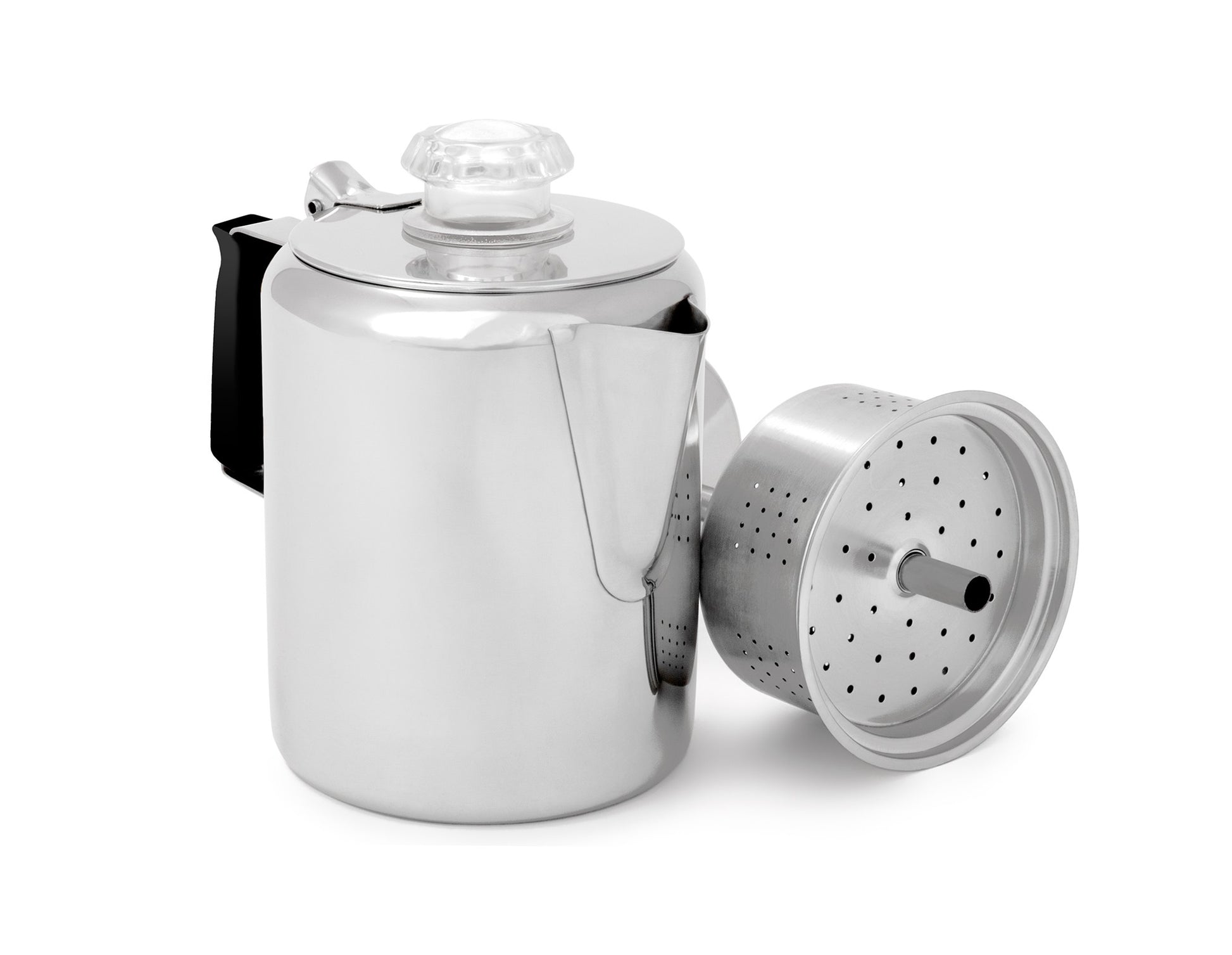 GSI Outdoors Glacier Stainless Percolator coffee maker with stainless steel finish.