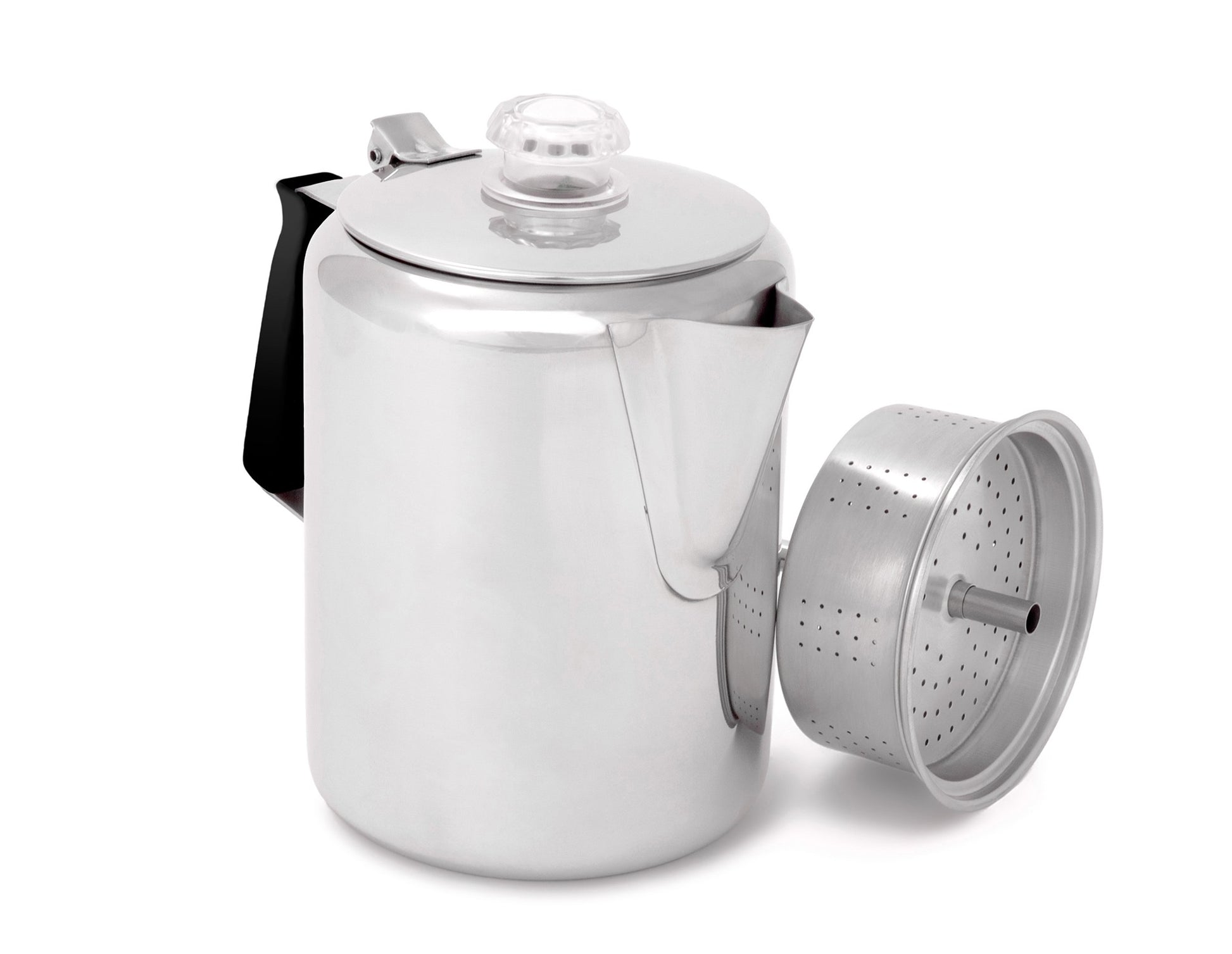 GSI Outdoors Glacier Stainless 3-cup coffee percolator for camping and cabins.