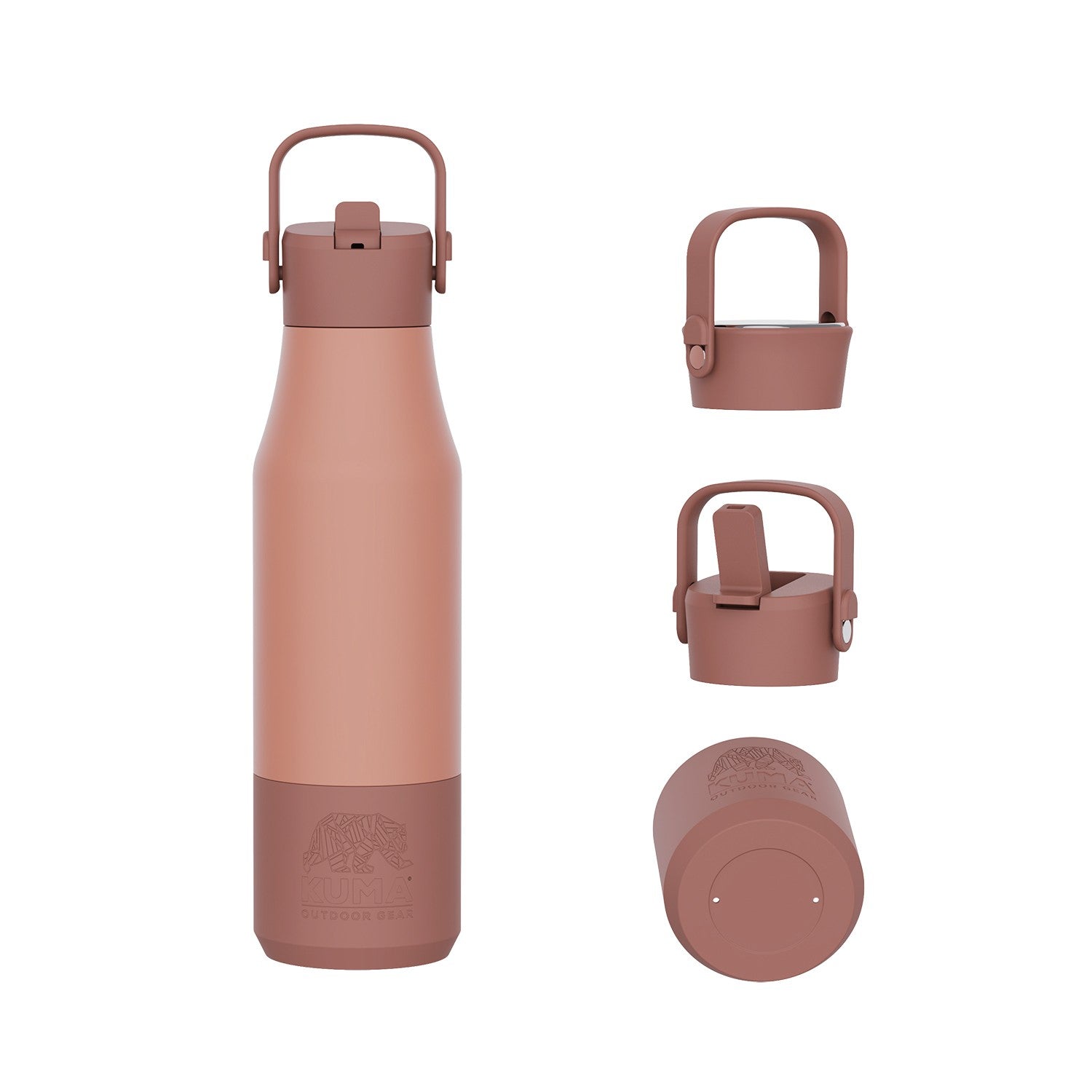 A matte dusty rose insulated water bottle with a matching carry loop lid, shown alongside three smaller views of the lid and cap on a clean white background.