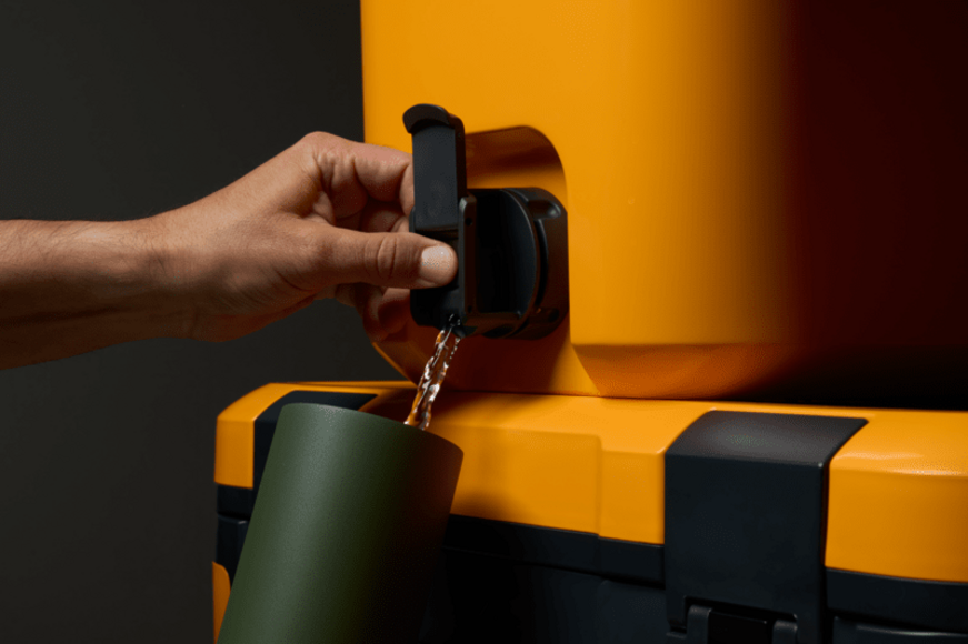Person pouring liquid from a green container into an orange and black cooler.