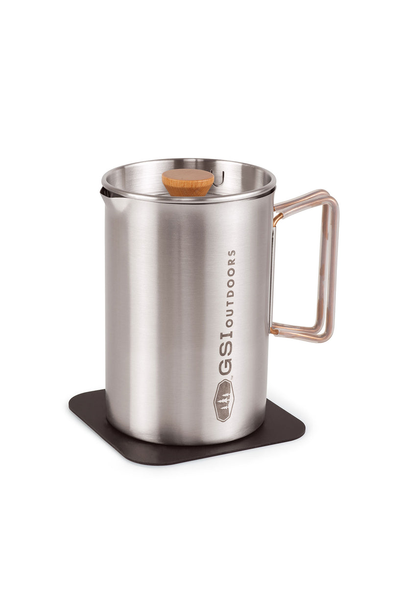GSI Outdoors Glacier Stainless Stovetop Javapress 40 fl oz stainless steel coffee maker.
