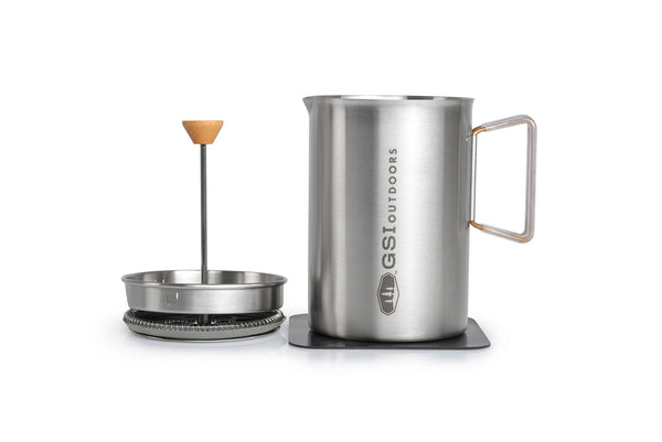 Side profile of GSI Outdoors Glacier Stainless Javapress camping coffee maker.
